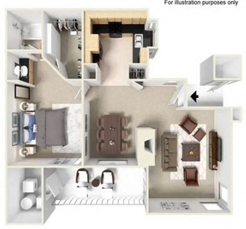a 3d floor plan of a house with an arrow pointing to the bedroom at The Bryant, Yorba Linda